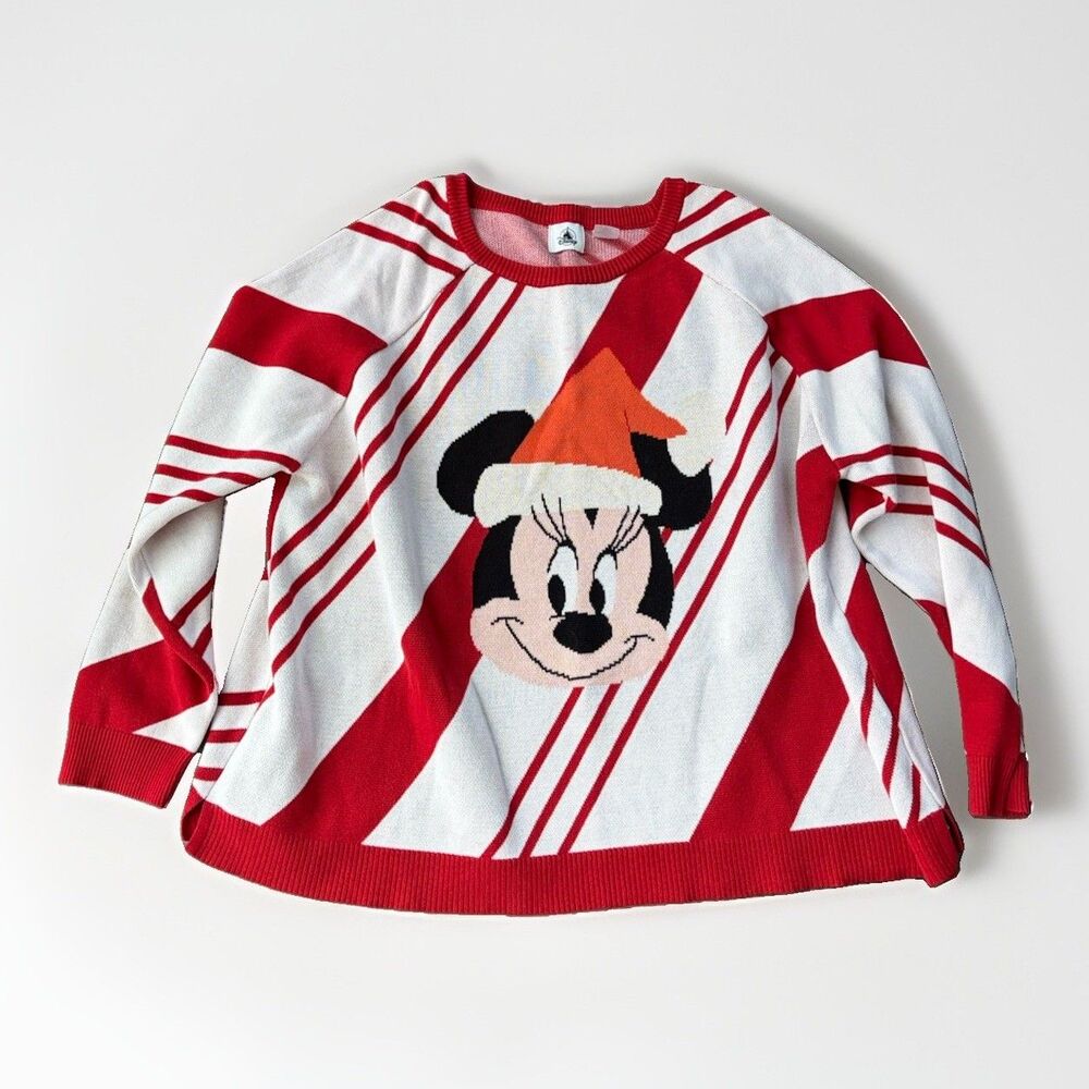 Disney Parks Minnie Mouse Christmas Sweater 1X Candy Cane Stripe Holiday Knit